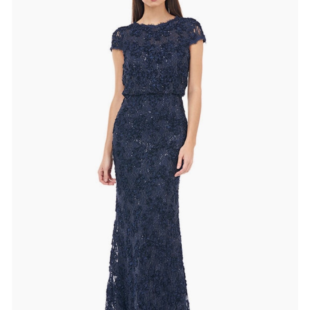 New JS Collections Navy blue Sequined gown. I had belt loops added ribbon. Sz 6